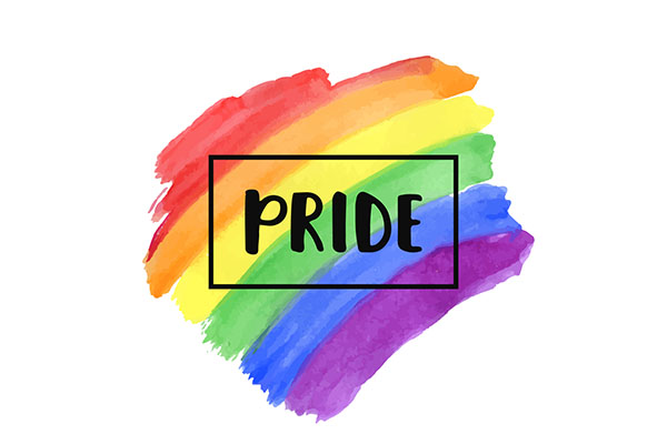 The word Pride on a rainbow background