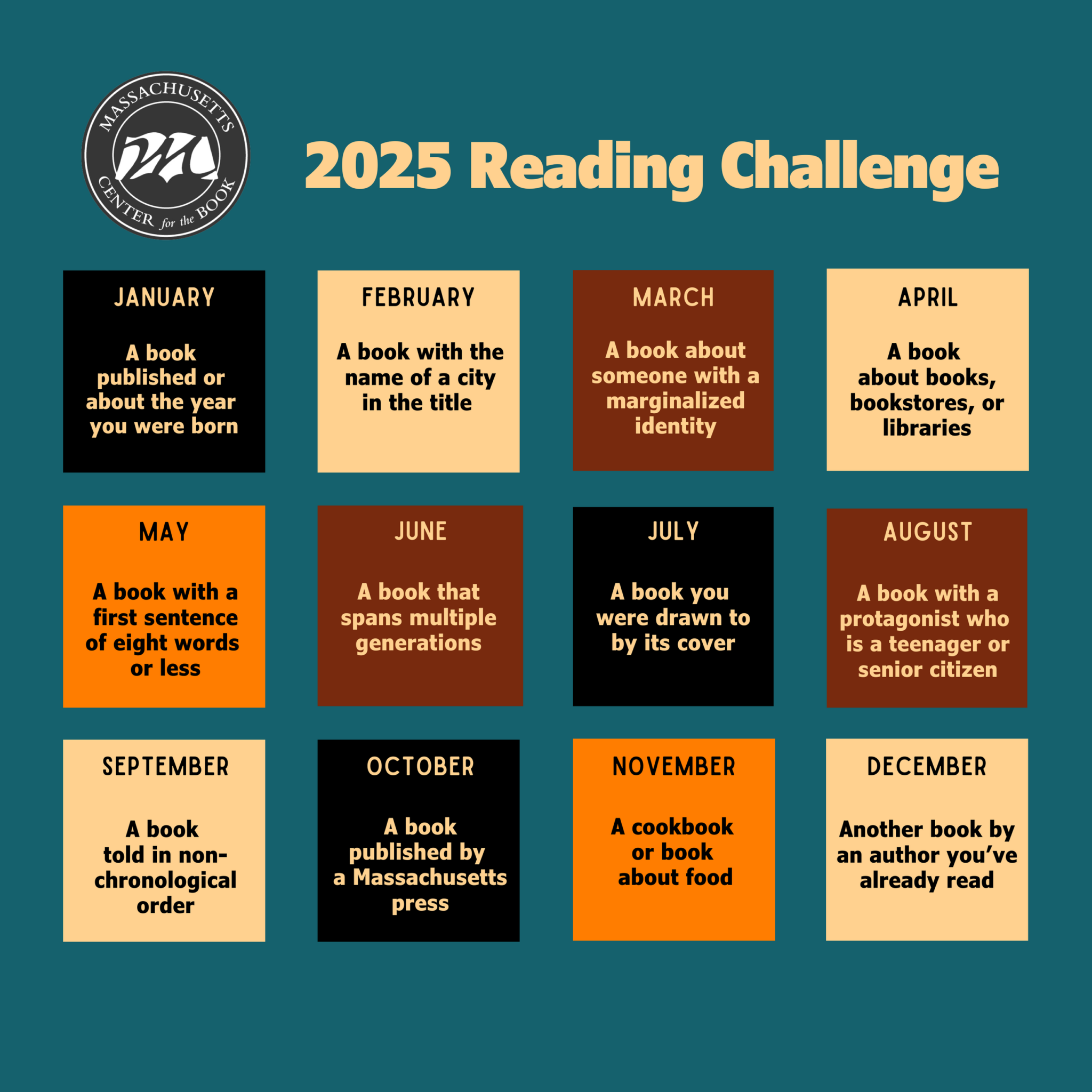 Massachusetts Center for the Book 2025 Reading Challenge. Twelve squares labeled with each month and the challenge for that month.